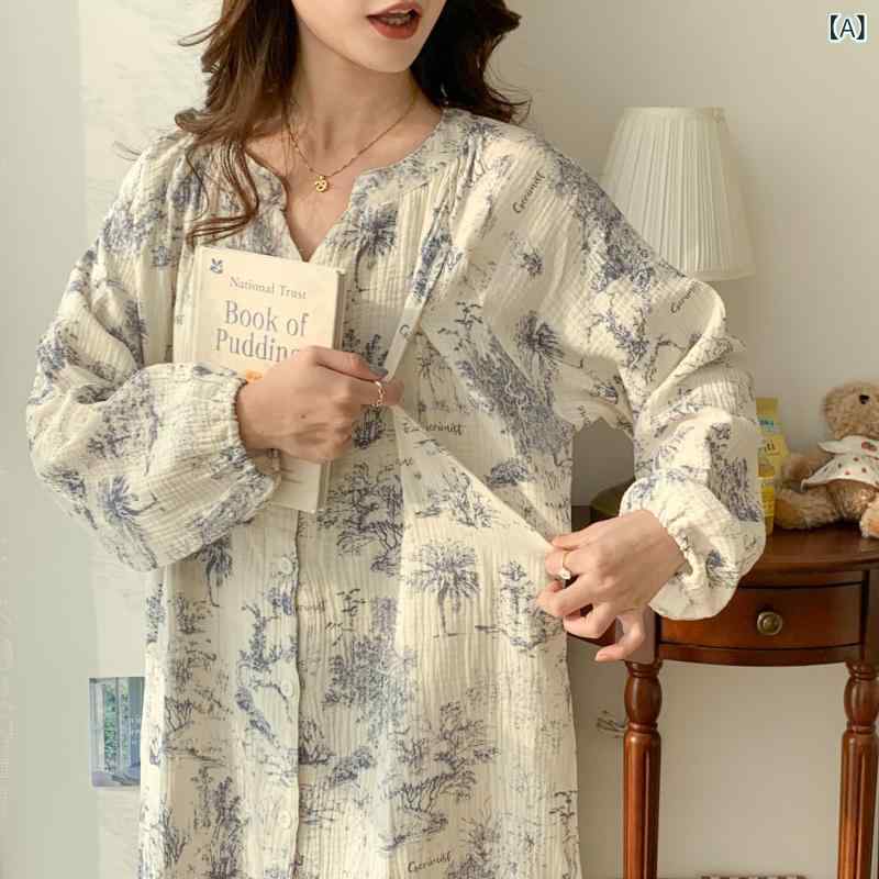 ・カテゴリ: ワンピース（授乳服）・スタイル: シンプルカジュアル・主な素材: 綿 ・袖丈: 長袖・カラー展開: 秘境ブルー、錦花棲夢、画境悠眠、小Vネックグリーン花柄・サイズ展開: M、L、XL