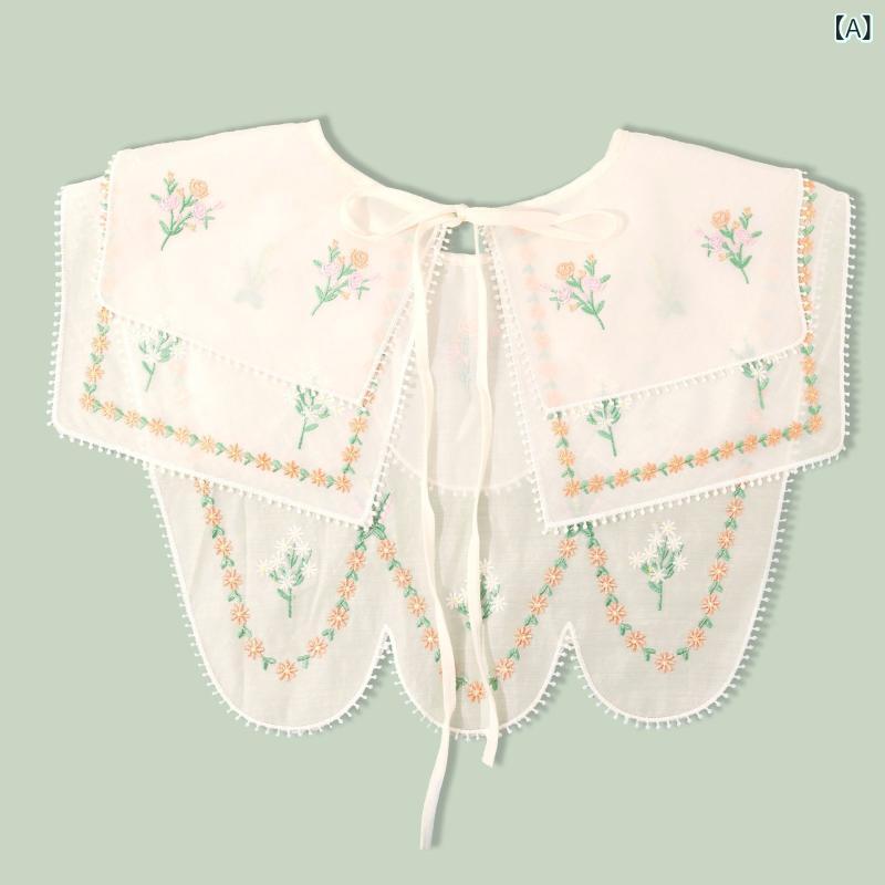 ショール レディース つけ襟 フェイクカラー 刺繍 花柄 田園風 波形 レース レトロ 二層 爽やか