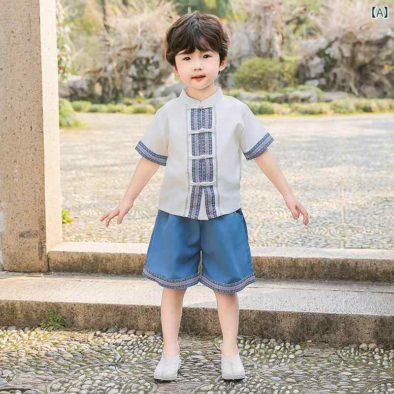 ・カテゴリ: 子供用民族衣装、セットアップ・スタイル: チャイナ風・柄: 花柄、プリント・素材: ポリエステル、綿混紡・生地特徴: ソフト加工、薄手・性別: キッズ（男女兼用）・カラー展開: 男児セット、女児ワンピース・サイズ展開: 90cm、100cm、110cm、120cm、130cm、140cm、150cm・対象年齢: 3〜8歳・着用シーン: 通学、ギフト、日常、幼稚園、クラス服、旅行
