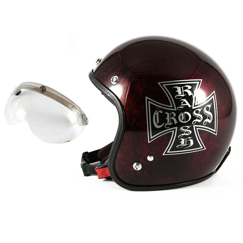 72JAM デザイナーズジェットヘルメット [JCP-15] 開閉シールド付き [APS-03]RASH CROSS ラッシュクロス レッド/ブラウン [レッドラップベースグロス仕上げ]FREEサイズ(57-60cm未満) メンズ レディース 兼用品 SG規格 全排気量対