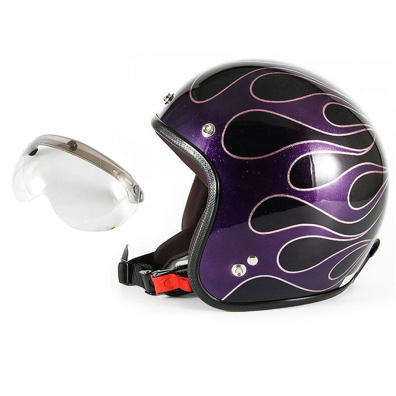 72JAM デザイナーズジェットヘルメット  開閉シールド付き FLAMES フレイムス パープル レディース レディースサイズ(55-57cm未満) レディース SG規格 全排気量対応