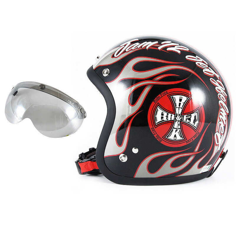 72JAM デザイナーズジェットヘルメット [JJ-06G] 開閉シールド付き [APS-04]ROCK＆ROLL ロックンロール ブラックグロス [ガラスフレークブラックベースグロス仕上げ]FREEサイズ(57-60cm未満) メンズ レディース 兼用品 SG規格 全排気量対応