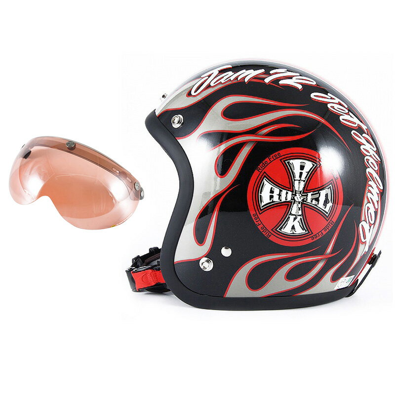 72JAM デザイナーズジェットヘルメット [JJ-06G] 開閉シールド付き [APS-05]ROCK＆ROLL ロックンロール ブラックグロス [ガラスフレークブラックベースグロス仕上げ]FREEサイズ(57-60cm未満) メンズ レディース 兼用品 SG規格 全排気量対応
