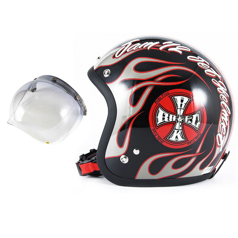 【ポイント10倍】 72JAM デザイナーズジェットヘルメット [JJ-06G] 開閉シールド付き [JCBN-05]ROCK＆ROLL ロックンロール ブラックグロス [ガラスフレークブラックベースグロス仕上げ]FREEサイズ(57-60cm未満) メンズ レディース 兼用品 SG規格 全排気量対応