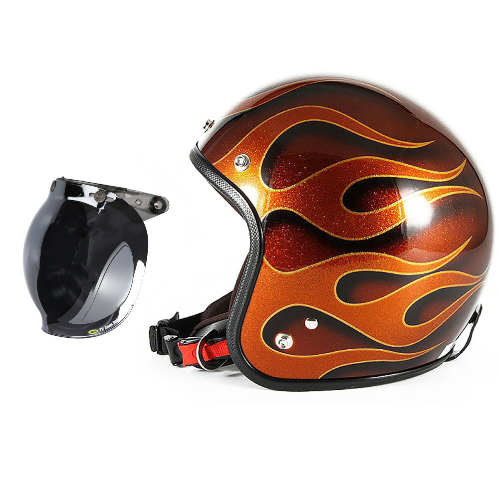 【メーカー名】　ジャムテックジャパン【ヘルメット品番】　JCP-43【規格/適合】　SG・PSC規格/全排気量対応【メンズ/レディース】　兼用品【ヘルメットサイズ】　FREEサイズ(57-60cm未満)【ヘルメットカラー】　オレンジフレークベースグロス仕上げ【セット内容】■ジャムテックジャパン 72JAM JCP-43 ジェットヘルメット■ジャムテックジャパン 72JAM JCBN-05 開閉式 バブルシールド [フラッシュミラーブルー]【特長/仕様】■人気の72JAMデザイナーズジェットヘルメットに、開閉可能なフリップアップベース一体型シールドが付属したパッケージ商品。■アパレル感覚のオシャレなデザイナーズジェットヘルメット。■プロフェッショナルが手掛ける最新のペイント技術を駆使したペイントはまるで芸術品の域。■キャンディカラーとフレークで定番パターンを流麗に演出したフレイムス。■イヤーパッド取り外し可能。■あご紐には、ワンタッチでロック＆リリースが可能なラチェットを使用。■一定基準の安全性テストに合格した製品であることを示す、国の定める標準規格「SG規格」「PSCマーク」を取得したヘルメットです。■72JAMのヘルメットに装着される内装部品は、肌に直接触れる内装繊維素材はもちろん、あご紐、合皮繊維から発泡スチロールにいたるまで、6ヶ月毎に「一般財団法人 ボーケン品質評価機構」において、ホルムアルデヒドによるかぶれやアレルギー等、人体への影響の有無をテストしいずれの基準もクリアしています。【備考】■シールド装着画像は、取り付けイメージとなり実際のヘルメットと異なります。■納期に関しては、価格表示下(項目選択肢がある場合は項目選択肢上)の納期情報を参考にしてください。■ブラウジング環境により、多少色味が異なって見える場合がございます。■画像はイメージです。■商品は、予告なく仕様変更される場合がございます。■製造過程で生じる小さな色とび、小傷がみられる製品がごく稀にございます。ご理解の上ご購入頂きますようお願い致します。■ヘルメットの改造及び再塗装は性能が低下しますので絶対に行わないでください。1.PSマークの種類　SGマーク　PSCマーク2.届出事業者名　株式会社アルファテック3.登録検査機関名　一般財団法人　製品安全協会