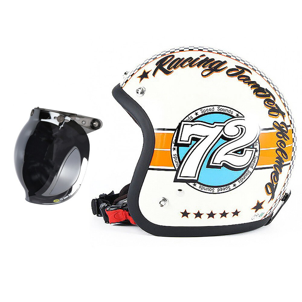 【メーカー名】　ジャムテックジャパン【ヘルメット品番】　JJ-04【規格/適合】　SG・PSC規格/全排気量対応【メンズ/レディース】　兼用品【ヘルメットサイズ】　FREEサイズ(57-60cm未満)【ヘルメットカラー】　アイボリーベースグロス仕上げ【セット内容】■ジャムテックジャパン 72JAM JJ-04 ジェットヘルメット■ジャムテックジャパン 72JAM JCBN-05 開閉式 バブルシールド [フラッシュミラーブルー]【特長/仕様】■人気の72JAMデザイナーズジェットヘルメットに、開閉可能なフリップアップベース一体型シールドが付属したパッケージ商品。■アパレル感覚のオシャレなデザイナーズジェットヘルメット。■プロフェッショナルが手掛ける最新のペイント技術を駆使したペイントはまるで芸術品の域。■ツボを押さえたオールドスタイルカラーで70s-80sイメージのレトロレーシングイメージ。■スポーツスター乗りのガールズバイカーにも人気の72Jamの代表モデル。■イヤーパッド取り外し可能。■あご紐には、ワンタッチでロック＆リリースが可能なラチェットを使用。■一定基準の安全性テストに合格した製品であることを示す、国の定める標準規格「SG規格」「PSCマーク」を取得したヘルメットです。■72JAMのヘルメットに装着される内装部品は、肌に直接触れる内装繊維素材はもちろん、あご紐、合皮繊維から発泡スチロールにいたるまで、6ヶ月毎に「一般財団法人 ボーケン品質評価機構」において、ホルムアルデヒドによるかぶれやアレルギー等、人体への影響の有無をテストしいずれの基準もクリアしています。【備考】■シールド装着画像は、取り付けイメージとなり実際のヘルメットと異なります。■納期に関しては、価格表示下(項目選択肢がある場合は項目選択肢上)の納期情報を参考にしてください。■ブラウジング環境により、多少色味が異なって見える場合がございます。■画像はイメージです。■商品は、予告なく仕様変更される場合がございます。■製造過程で生じる小さな色とび、小傷がみられる製品がごく稀にございます。ご理解の上ご購入頂きますようお願い致します。■ヘルメットの改造及び再塗装は性能が低下しますので絶対に行わないでください。1.PSマークの種類　SGマーク　PSCマーク2.届出事業者名　株式会社アルファテック3.登録検査機関名　一般財団法人　製品安全協会