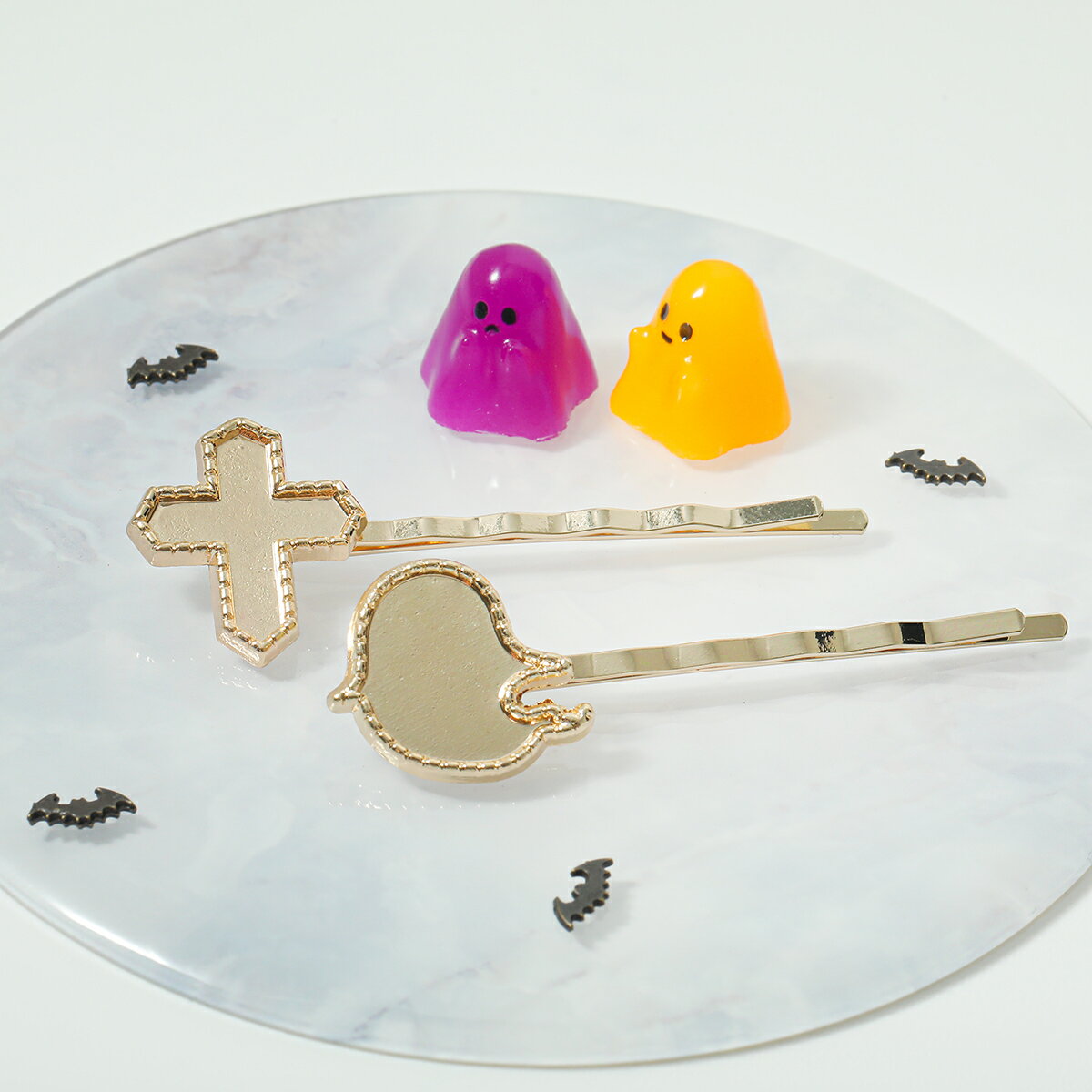 【2本セット】ヘアクリップ ヘアピン 台座付き ゴールド おばけ 十字架 ハロウィン ヘアアクセサリー ハンドメイド アクセサリー デコレーション レジン ハンドメイド セッティング台座付き 土台 手作り クリップ クラフト 材料 金具