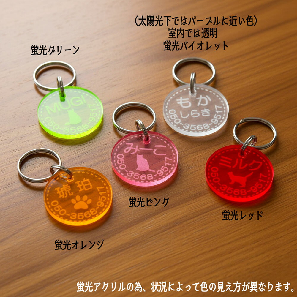 迷子札 愛猫にぴったり 超軽量 総重量約1.2g 蛍光アクリル 20mm 5色展開 片面刻印 ...