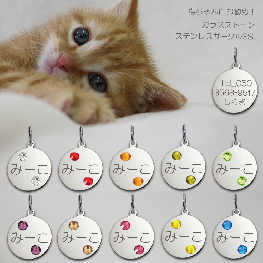 迷子札 ガラスストーン 10色展開 ネコ 猫ちゃん用 極小 ネーム プレート ステンレス サークルS ...