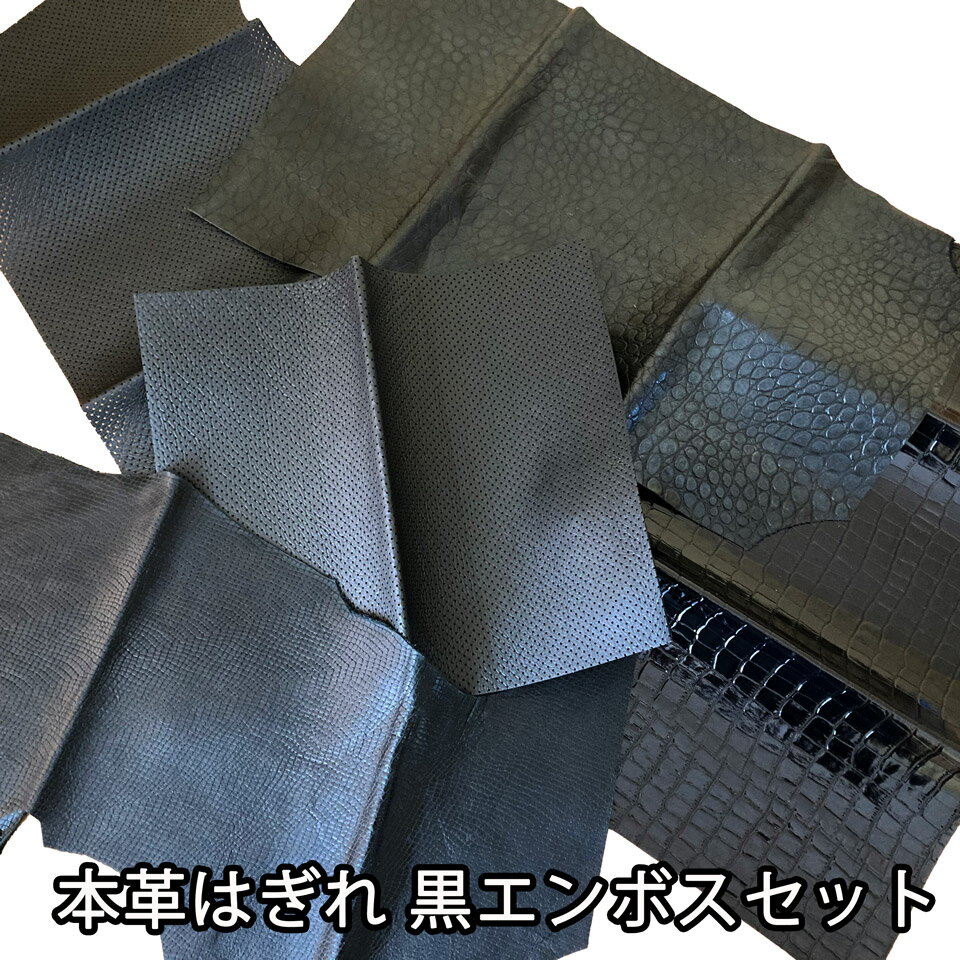 本革 はぎれ【黒系 エンボス加工】牛革等 レザークラフトにどうぞ [HON-CAT-BKEM]