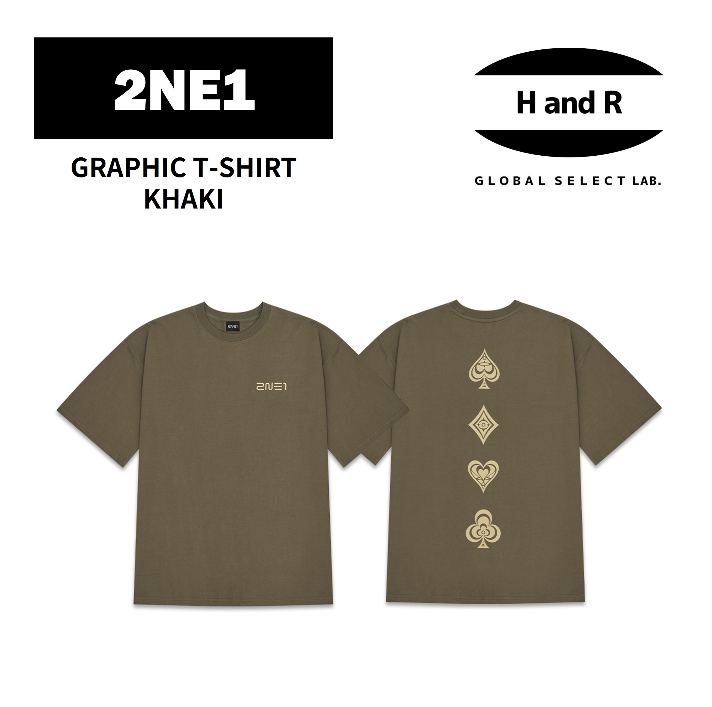 【正規品】 2NE1 公式 グラフィック Tシャツ トゥエニワン 15周年 記念 WELCOME BACK 復活 コンサート ライブ グッズ バックプリント トランプ マーク 半袖 カットソー トップス カーキ KHAKI サイズ選択 M / L / XL K-POP 韓国 国内発送 新品 未開封 限定 YG公式商品