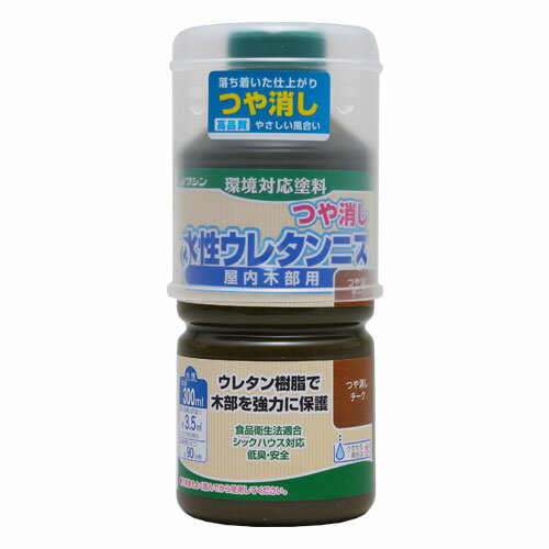 詳細説明【特長】・上品で落ち着いた、つや消しの仕上がりのニスです。・低臭で安全な、水性ウレタン塗料です。・ウレタンの非常に硬い塗膜で、木部を強力に保護できます。・シックハウス／シックスクールに対応しています。・食品衛生法に適合しているので、お子様のおもちゃや箸、食卓にもお薦めです。&nbsp;【使用方法】（1）塗る面のゴミ、油分、サビ、カビ、ワックス等をとり、サンドペーパー（240〜320番）で木目にそって軽く研磨してください。（2）使用するときは、容器のままよく振って、塗料を充分に混ぜてください。（3）原液のまま塗装できます。必要量を小分けして使用してください。粘度が高く塗りにくい場合は、水で少しうすめてください。（4）2〜3回塗って仕上げてください。一度にあまり厚く塗らないで、塗る都度よく乾かしてください。上塗り前に、軽くサンドペーパー（400番くらい）をかけてください。（5）乾くまで、ニスを塗った部分に直射日光が当たらないようにしてください。（6）使用中のハケは、放置するとすぐに固まるので、塗装後直ちに根元までよく水洗いしてください。（7）5℃以下のときや湿度の高いときは塗らないでください。【用途】・木工作品・組立家具・屋内の木部（ゆか、手すり、窓わくなど）&nbsp;商品仕様（スペック）カラー：チーク本体サイズ（約）：幅65×奥65×高151mm内容量（約）：300mL塗り面積（約）：［2回塗り］3.5平方メートル乾燥時間（約）：90分／20℃うすめ液：水成分：合成樹脂（アクリルウレタン）、顔料（「クリヤー」を除く）、水原産国：日本上品で落ち着いた、つや消しの仕上がり。