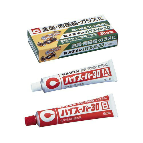 詳細説明【特長】・硬化後はとても硬く、金属・陶磁器・ガラスなどの硬質材料を強力に接着できます。・A剤をピンクに着色してあり、混合の目安として色が消えるため混合できたかどうかわかりやすい。・耐熱・耐水・耐薬品性に優れています。・30分（20℃）で硬化が始まるので余裕を持って作業できます。・お得な大容量タイプです。&nbsp;【使用方法】（1）接着する面のゴミ/サビ/油などの汚れを落とし、よく乾燥させます。（2）付属のプラ板にA剤とB剤を等量しぼり出し、ピンクの色が消えるまで混合します。（3）混合したらすぐに接着面に均一に塗布し貼り合わせます。混合から約30分　　（20℃）で硬化が始まるのでそれまでに作業を終えてください。（4）張り合わせたらテープやひもで固定し静置します。　　実用強度に達するのは約1時間ですが、最終強度に達するには約24時間が必要です。&nbsp;商品仕様（スペック）カラー：硬化後　淡色透明パッケージサイズ（約）：幅131×奥60×高25mm重量（約）：80gセット（[A剤]40g、[B剤]40g）付属品：ヘラ、プラ板素材：[A剤]エポキシ樹脂、［B剤]ポリチオール原産国：日本注意事項・皮膚や服につかないように注意してください。・かゆみ、かぶれ等の症状が出た時は、すぐに医師の診断を受けてください。・基本的に冬場は作業時間や硬化時間が長く、夏場は短くなりますのでご注意ください。・ポリエチレン・ポリプロピレン・ナイロン・軟質ビニール・フッ素樹脂・ゴムなどは接着できません。・貴金属や高価格品の接着には使用しないでください。・飲食物が直接触れる箇所の接着・補修には使用しないでください。&nbsp;30分硬化型の2液混合エポキシ系接着剤。金属・陶磁器・ガラスなど硬いものの接着に。