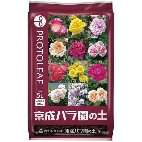 詳細説明【特長】・京成バラ園芸株式会社と共同開発した、バラ専用培養土です。・根の生長を重視した排水性と通気性の高い土です。・「プロトリーフ　京成バラ園の土」は「プロトリーフ　バラの土」よりも肥料分を低く設計しておりますので、裸苗や新苗など、根が弱い段階におすすめできる培養土です。&nbsp;【原料】赤玉土、バークたい肥、もみがらたい肥、くん炭、木炭、パーライトなど&nbsp;商品仕様（スペック）本体サイズ（約）：縦360×横240×厚60mm重量（約）：2.3kg容量（約）：5L園芸用品