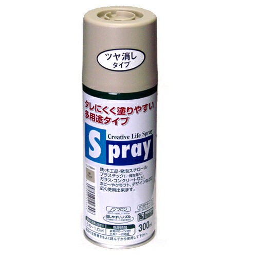 詳細説明【特長】・使用後、安心して捨てられるガス抜きキャップ付。・タレにくく、きれいに仕上がります。・発泡スチロールや油性塗料の上に塗っても、下地を溶かしません。・テコ式ボタンの使用により、タッチが軽く指が疲れません。・有害なフロンや鉛化合物は一切使用していません。・日光や雨に強く、屋外にも使用できます。【使用方法】(1)用途：　　木部・鉄部・プラスチック（スチロール、ABS、硬質塩ビ、アクリル）発泡スチロール・紙。(2)標準塗り面積（2回塗り）：0.6〜1.0平方メートル（タタミ0.4〜0.6枚分）(3)乾燥時間：[夏期]40〜50分　[冬期]1〜2時間商品仕様（スペック）カラー：サンド本体サイズ（約）：幅6×奥6×高18.8cmパッケージサイズ（約）：幅6×奥6×高18.8cm内容量（約）：300ml素材：合成樹脂、顔料、有機溶剤原産国：日本注意事項・スチロール・ABS・硬質塩ビ・アクリル以外のプラスチックや自動車の補修には適しません。・新しいコンクリートやモルタルには適しません。・食品に直接触れるものには塗らないで下さい。・容器を逆さにした状態では吹き付けできません。・表示してある色は実際の色と多少異なることがあります。・塗り面積、乾燥時間は色・素材・塗り方・気象条件の違いにより多少異なります。タレにくく、きれいに仕上がる多用途スプレー。