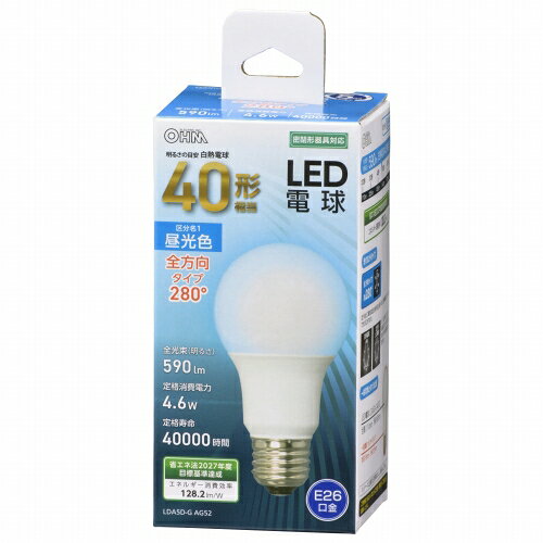 詳細説明【特長】・定格寿命40000時間のLED電球です。・昼光色で、白熱電球40形相当の明るさになります。・配光角約280°の全方向タイプ。・密閉形器具対応です。&nbsp;【製品仕様】・定格消費電力：4.6W・定格入力電流：90mA・全光束：590lm・エネルギー消費効率：128.2lm/W・平均演色評価数：Ra83・定格寿命：40000h※屋内用（屋外使用禁止）※交流電源100V50/60Hz共用&nbsp;商品仕様（スペック）本体サイズ（約）：径60×長110mm重量（約）：48g注意事項※_次のような器具には使用できません・調光機能のついた器具（100%点灯でも使用不可）・誘導灯、非常用照明器具・水銀灯器具など・断熱材施工器具（SB・SGI・SG形表示器具など）・ランプと反射板の距離が狭い器具・直流電流※_このほか使用器具の種類によって寸法的、熱的、その他の状況（リモコン機器のついた器具など）により使用できない場合があります※_ご使用になられる照明器具の構造によっては、放熱不良で短寿命となることがあります※_密閉器具でのご使用の場合、器具の寸法の大きさにより、使用できない場合や寿命が短くなる場合があります※_人感スイッチなど自動点滅装置や遅れ停止スイッチなどには使用できない場合があります※_交流100V、周波数50/60Hz以外の電源では使用しないでください※_ランプ周囲温度が40℃を超える場所では使用しないでください&nbsp;配光角約280°の全方向タイプ