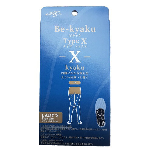詳細説明【特長】・Type−X−　Xkyakuは足裏の3つのアーチを理想的な硬度と柔軟性でしっかりサポ−トし、膝、腰への負担を軽減します。・また、インソ−ルの内側を持ち上げる事で美しい姿勢、歩行へと導きます。・靴の片減り防止にもつながります。&nbsp;商品仕様（スペック）本体サイズ（約）：幅71×奥170×高22mmパッケージサイズ（約）：幅94×奥25×高さ190mm適応サイズ（約）：22.5〜24.5cm重量（約）：64g保証期間：合成皮革、ポリプロピレン樹脂、不織布、両面テープ内側にかかる重心を正しい位置へと導く