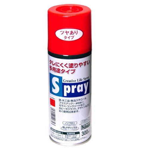 詳細説明【特長】・使用後、安心して捨てられるガス抜きキャップ付。・タレにくく、きれいに仕上がります。・発泡スチロールや油性塗料の上に塗っても、下地を溶かしません。・テコ式ボタンの使用により、タッチが軽く指が疲れません。・有害なフロンや鉛化合物は一切使用していません。・日光や雨に強く、屋外にも使用できます。【使用方法】(1)用途：　　鉄・木・発泡スチロール・プラスチック（アクリル、ABS、スチロール、硬質塩ビ）　　ガラス・コンクリートなど、ホビー・クラフト・デザインに。(2)標準塗り面積（2回塗り）：0.6〜1.0平方メートル（タタミ0.4〜0.6枚分）(3)乾燥時間：[夏期]40分〜50分　[冬期]1〜2時間商品仕様（スペック）カラー：ファイヤーレッド本体サイズ（約）：幅6×奥6×高18.8cmパッケージサイズ（約）：幅6×奥6×高18.8cm内容量（約）：300ml素材：合成樹脂、顔料、有機溶剤原産国：日本注意事項・スチロール・ABS・硬質塩ビ・アクリル以外のプラスチックや自動車の補修には適しません。・新しいコンクリートやモルタルには適しません。・食品に直接触れるものには塗らないで下さい。・容器を逆さにした状態では吹き付けできません。・表示してある色は実際の色と多少異なることがあります。・塗り面積、乾燥時間は色・素材・塗り方・気象条件の違いにより多少異なります。タレにくく、きれいに仕上がる多用途スプレー。