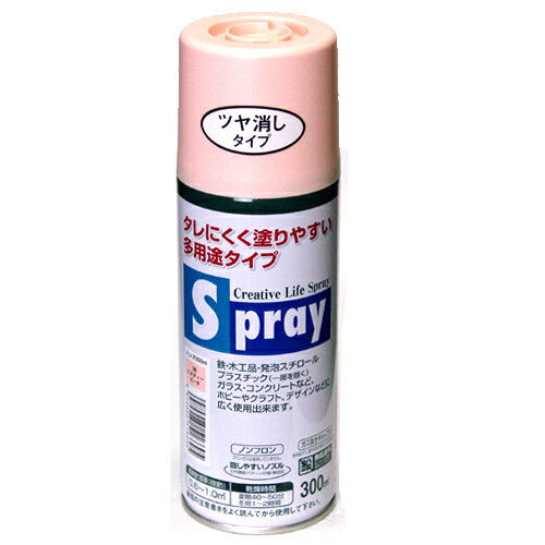 詳細説明【特長】・使用後、安心して捨てられるガス抜きキャップ付。・タレにくく、きれいに仕上がります。・発泡スチロールや油性塗料の上に塗っても、下地を溶かしません。・テコ式ボタンの使用により、タッチが軽く指が疲れません。・有害なフロンや鉛化合物は一切使用していません。・日光や雨に強く、屋外にも使用できます。【使用方法】(1)用途：　　木部・鉄部・プラスチック（スチロール、ABS、硬質塩ビ、アクリル）発泡スチロール・紙。(2)標準塗り面積（2回塗り）：0.6〜1.0平方メートル（タタミ0.4〜0.6枚分）(3)乾燥時間：[夏期]40〜50分　[冬期]1〜2時間商品仕様（スペック）カラー：ミスティピーチ本体サイズ（約）：幅6×奥6×高18.8cmパッケージサイズ（約）：幅6×奥6×高18.8cm内容量（約）：300ml素材：合成樹脂、顔料、有機溶剤原産国：日本注意事項・スチロール・ABS・硬質塩ビ・アクリル以外のプラスチックや自動車の補修には適しません。・新しいコンクリートやモルタルには適しません。・食品に直接触れるものには塗らないで下さい。・容器を逆さにした状態では吹き付けできません。・表示してある色は実際の色と多少異なることがあります。・塗り面積、乾燥時間は色・素材・塗り方・気象条件の違いにより多少異なります。タレにくく、きれいに仕上がる多用途スプレー。