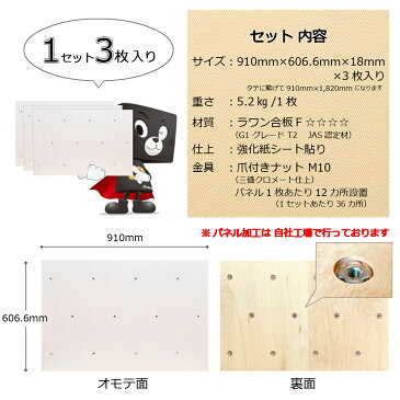 壁ピタッ！ボルダリングパネル910mm×606.6mm×18mm　3枚入り爪付きTナット付き（埋め込み）ホワイトヒッコリー色