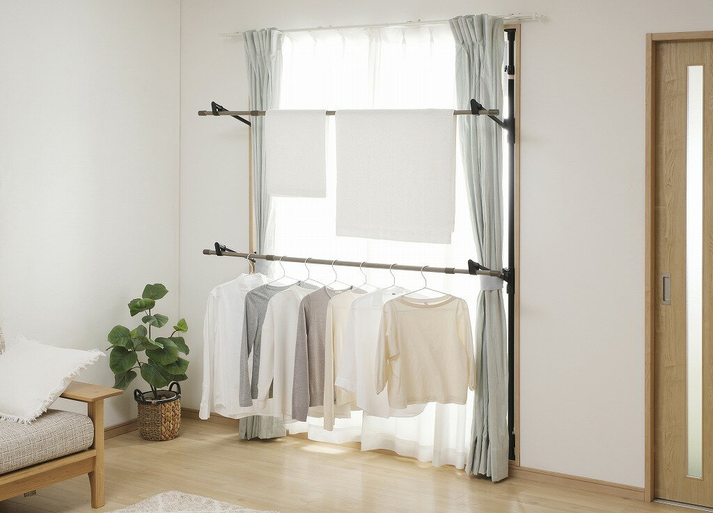 アイリスオーヤマ 物干し 窓枠 洗濯物干し 室内干し 簡単設置 木目調 ブラック MW-W260N IRIS OHYAMA