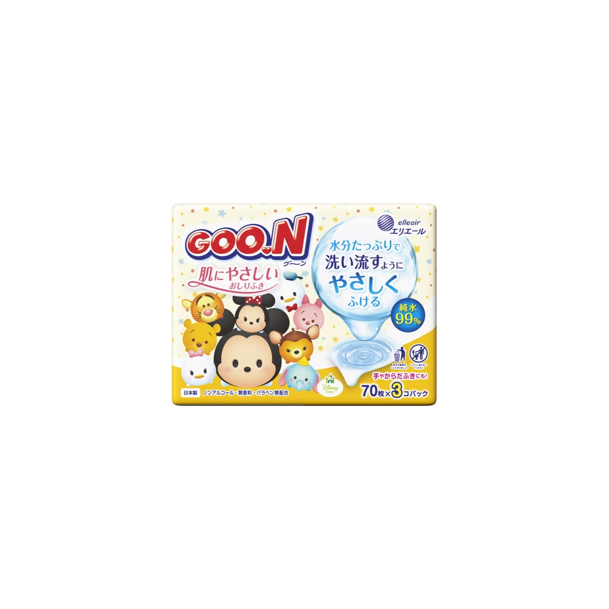 【ケース販売:12個入】 グーン肌にやさしいおしりふき 詰替用 70枚×3P ツムツム 水分たっぷり 純水99% ノンアルコール 無香料 手やからだふきにも 大王製紙 エリエール