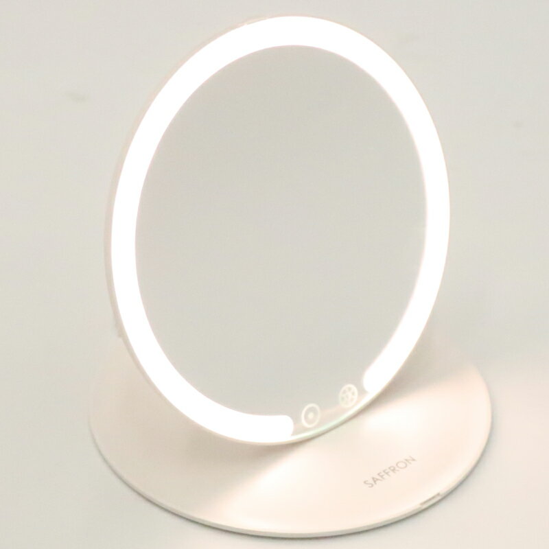 【 SAFFRON 】 折りたたみ LEDミラー 丸型 約幅160×高さ245×奥行170? 薄型コンパクト ライト タッチセンサー 3調色+調光 温白色 昼白色 昼光色 角度調整 ホワイト HDL-7516