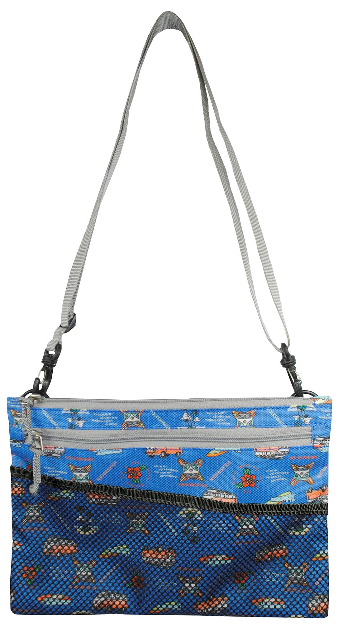 フォルクスワーゲン（VW）のT1バス柄をデザインした、レザックスのサコッシュ（VWSC-5405、ブルー）です。軽量で耐久性のある合成繊維（ポリエステル）を素材に使用しています。 このサコッシュは、コンパクトながらも必要な小物類を収納でき、ゴルフシーンから日常のレジャーまで幅広く活躍します。特にゴルフでは、ボールやティー、スコアカードなどを手軽に持ち運ぶラウンドバッグとしても便利です。 T1バスのレトロで愛らしいデザインが目を引き、カジュアルなファッションのアクセントにもなります。ショルダーストラップ付きで両手が空くため、アクティブなシーンでも快適に使用できます。 ゴルフ好きの方やVWファンへのギフトとしてもおすすめです。軽量で持ち運びやすく、さまざまな用途で使える実用的なアイテムです。 （270文字）