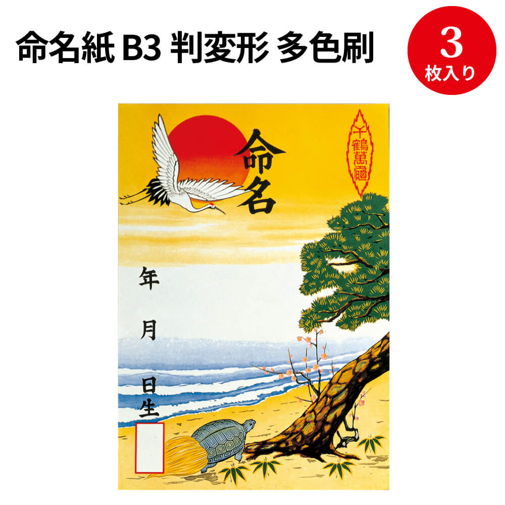 1冊3枚袋入り サイズ：H530×W368mm 紙質：上質紙（81g／m2） ※OA（印刷）対応商品ではありません。 ★ 現代風の命名紙が多数発売される中、創業120年を超える老舗メーカーの根強い人気商品です。 その為、親子代々同じ命名紙をご使用いただいているといった素敵なエピソードをレビューにてお寄せいただいております。ぜひ実際にご使用いただいておりますお客様の心温まるお声も併せてご覧くださいませ。