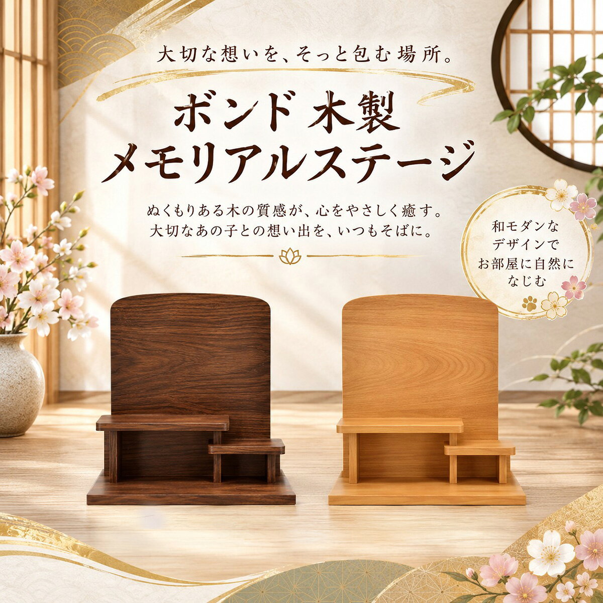 　ボンド 木製メモリアルステージ 手元供養ステージ コメント 大切な想いを、そっと包む場所。 ぬくもりあふれる天然木の風合いが、大切なあの子との思い出をやさしく彩る「ボンド木製 メモリアルステージ」。 和モダンを基調としたシンプルで洗練されたデザインは、お部屋のインテリアに自然と溶け込み、毎日手を合わせたくなる穏やかな祈りの空間を演出します。 段差のあるステージは、写真立て・骨壺・仏具・お花などをバランスよく飾ることができ、限られたスペースでも美しく整理してお祀りいただけます。 大切な家族との思い出に寄り添う、お好みの雰囲気をお選びいただけます。 いつまでも心の中で生き続ける大切な存在へ。 「ありがとう」の気持ちを込めて、心安らぐメモリアルスペースをお作りいただけます。 商品特徴 ・天然木の温もりを感じるメモリアルステージ ・お部屋に馴染む和モダンデザイン ・写真立て・骨壺・仏具・お花を美しくレイアウトできる二段ステージ ・コンパクトながら飾りやすい設計 ・インテリアとしても美しい上質な木目仕上げ ・安定感のある丈夫な木製構造 ・ペット用メモリアルスペースとして最適 スペック 【本体サイズ】奥行257×幅190×高さ180mm ■素材・成分：MDF 薄板 ウレタン カラー ダーク色 32P400S300034 チーク色 32P400U300034 配送に関して 宅配便にて出荷を行います。 ご使用上の注意 ※イメージ画像使用の付属品は付きません。 ※商品の色は、実際の色とは若干異なる場合がございます。
