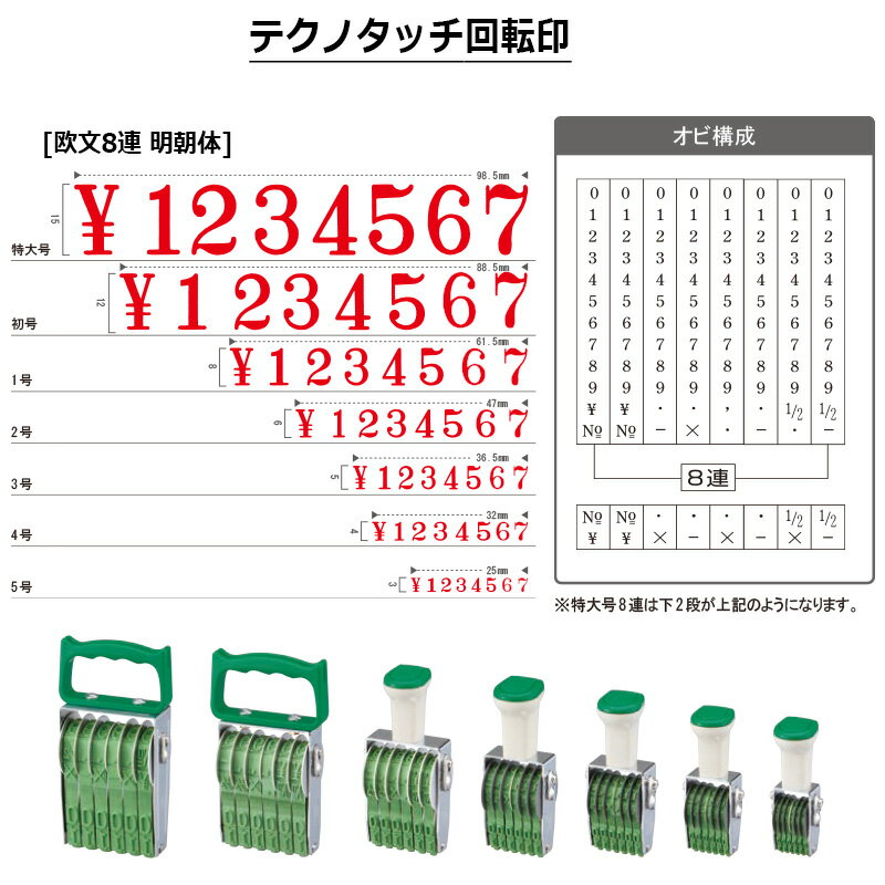 【サンビー】テクノタッチ回転印 欧文8連 明朝体 (特大号) 8桁 ナンバリングスタンプ（数字・金額）はんこ スタンプ