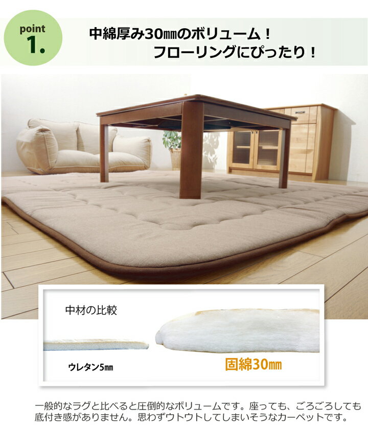 ふっくら敷き ラグ 厚手 (固綿30mm使用) 正方形 ふっくら極厚敷き布団 インド綿素材[サイズ：約190×190cm] ベージュ・ブラウン・ダークブラウンラグマット カーペット こたつ敷き 敷き布団　昼寝マット 防音【7020409】アルフ