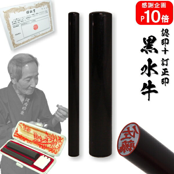 認印・訂正印（彫刻）セット☆黒水牛　認印（10.5mm）・　訂正印（小判）　☆高級牛揉み皮ケース付き