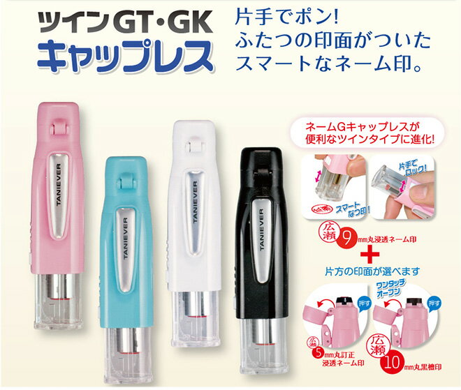 【送料無料】 ツインGT キャップレス タニエバー (ネーム印＋訂正印)(印鑑 ハンコ はんこ 判子 浸透印 なま認印 ネーム印 修正印 スタンプ ネームスタンプ お名前 認め印 かわいい スタンプ ナース 9mm 5mm ナース印鑑)