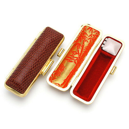 印鑑ケース【本トカゲ皮-金枠】12.5mm-15mm用 茶系(朱肉付き) 内側:朱竹模様 [印鑑 ケース はんこケース ハンコケース はんこ 判子 実印 銀行印...