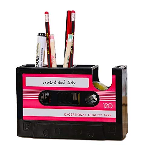 色：ピンク Queen-b デスク オーガナイザー カセットテープ おしゃれ ペン 立て スタンドテープカッター 付き 多機能 卓上 収納 ケース ボックス 小物 入れ オフィス 文房具 (ピンク)