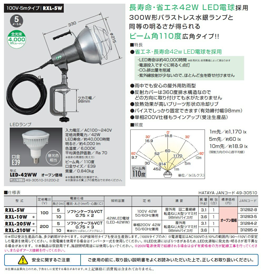 【楽天市場】ハタヤ LED作業灯 42W ワークランプ 【5m電線付/100V】 RXL-5W★送料込★ （屋外用/防雨型/省エネ/長寿命