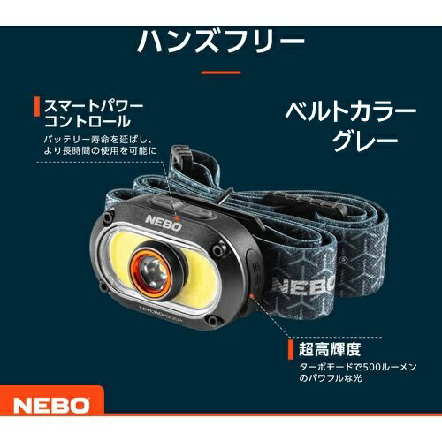 【在庫品】NEBO 充電式ヘッドライト(LED) MYCRO 500＋ NEBHLP1005G IPX4の防水防塵規格 耐衝撃性（1m) 705-9977