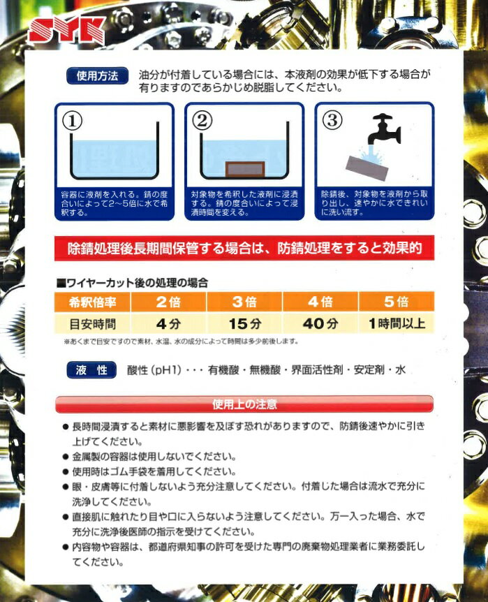 鈴木油脂(SYK) 強力サビ取り液 WCR-10 20L S-2904 鉄鋼・銅等の除錆 金属表面のツヤを維持 短時間で除錆可能 水で希釈経済的 引火性、爆発性なし