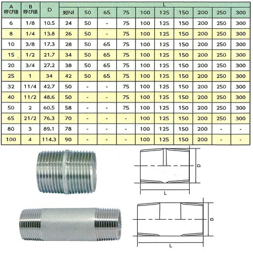 SUS304 両長ニップル 8A×100L 呼び8A（1/4） 長さ100L KSG ロングニップル ねじ込み管継手 ステンレス