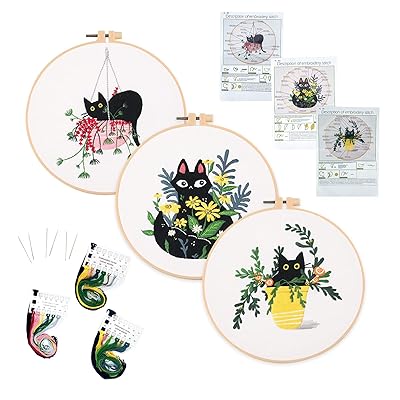 ALLMIRA 刺繍キット 初心者 セット ししゅうキット 刺しゅう クロスステッチ 手作り DIY刺繍工具 刺繍 枠 20CM1本 刺繍糸 刺繍用布1枚 刺繍針2本 英語説明書付き (ねこ 3個入)