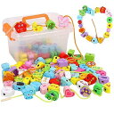 ひもとおし 紐通しおもちゃ 106個大容量 収納ケース付き 4in1 木製おもちゃ 指先訓練 絵柄認知 数字認知 英語勉強 Bajoy 知育玩具 積み木 2 3 4 5 6歳 女の子 男の子おもちゃ 誕生日 クリスマス プレゼント