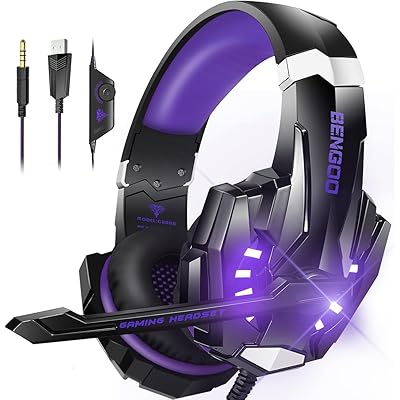 BENGOO ゲーミングヘッドセット PS5 ヘッドセット ノイズキャンセリング マイク付き 3.5mm有線 ゲーミングヘッドホン スイッチ ヘッドフォン 軽量 全効能 重低音 LEDライト コントローラー ミュート付き ステレオ FPS ゲーム用