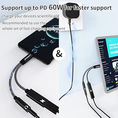 LAMSCAT 2in1 タイプC イヤホン変換アダプタ PD60W 急速充電 同時 Type-C イヤホンジャック 二股イヤホンケーブル 充電しながら 通話 音量調節 ポータブル for iPad pro Google Pixel Xperia S