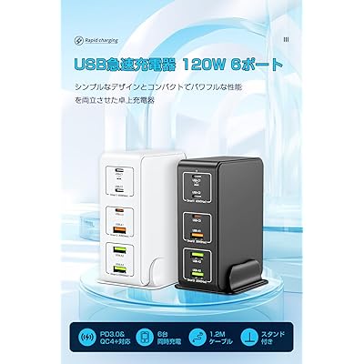 充電器 USB-C 合計120W type-c急速充電器PD 3.0、PPS、QC4+対応/単ポート65W/ 6ポート（USB-C*3&USB-A*3）6台同時充電 スマホ充電器 MacBook/iPhoneシリーズ/Galaxy Android ノ