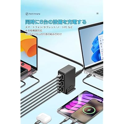 充電器 USB-C 合計120W type-c急速充電器PD 3.0、PPS、QC4+対応/単ポート65W/ 6ポート（USB-C*3&USB-A*3）6台同時充電 スマホ充電器 MacBook/iPhoneシリーズ/Galaxy Android ノ