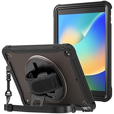 ProCase iPad 9/8/7 ショルダーケース 10.2”肩掛け式 子供用 耐衝撃 半透明カバー ペン収納 360°回転スタンド 手首付き 3層保護 （ブラック）