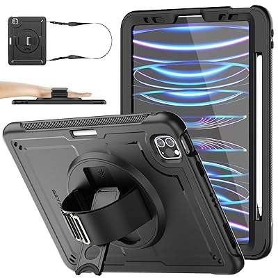 SEYMAC stock iPad Air 5/iPad Air 4/11インチiPad Pro第4/3/2/1世代通用型ケース 耐衝撃 Gフック式ハンドストラップ 360°回転スタンド ペン収納 ショルダーストラップ フィルム付き前面フレーム 全面