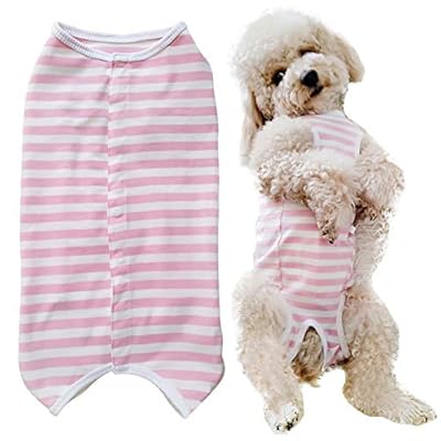 KUVEELA PET 術後服 犬 服 犬用品 術後ウェア 術後カバー服 エリザベスカラーの代わる 保護服 雄 雌兼用 避妊 離乳 傷口保護 皮膚病 通気 夏用 小型犬 中型犬（XS、ピンクボーダー）