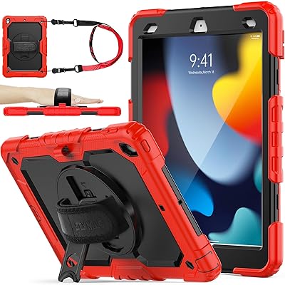 SEYMAC stock iPad 10.2インチ 第9世代/第8世代/第7世代 ケース 耐衝撃 保護フィルム付き ペン収納 360°回転スタンド ハンドストラップ ショルダーストラップ 全面保護カバー (レッド+ブラック)